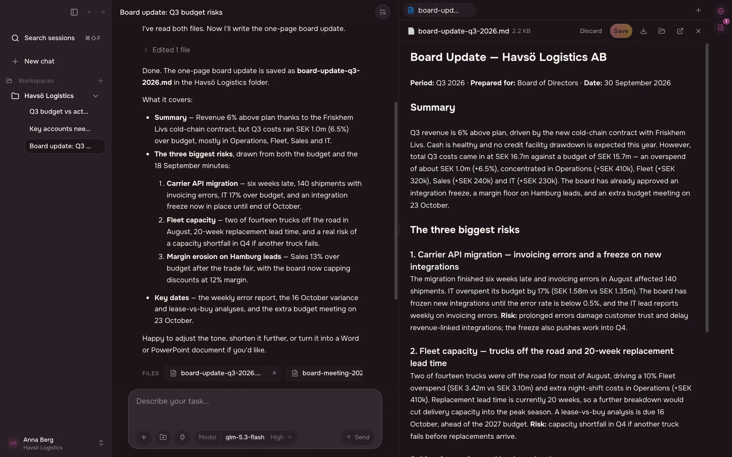 A document the app created, open beside the conversation that created it.