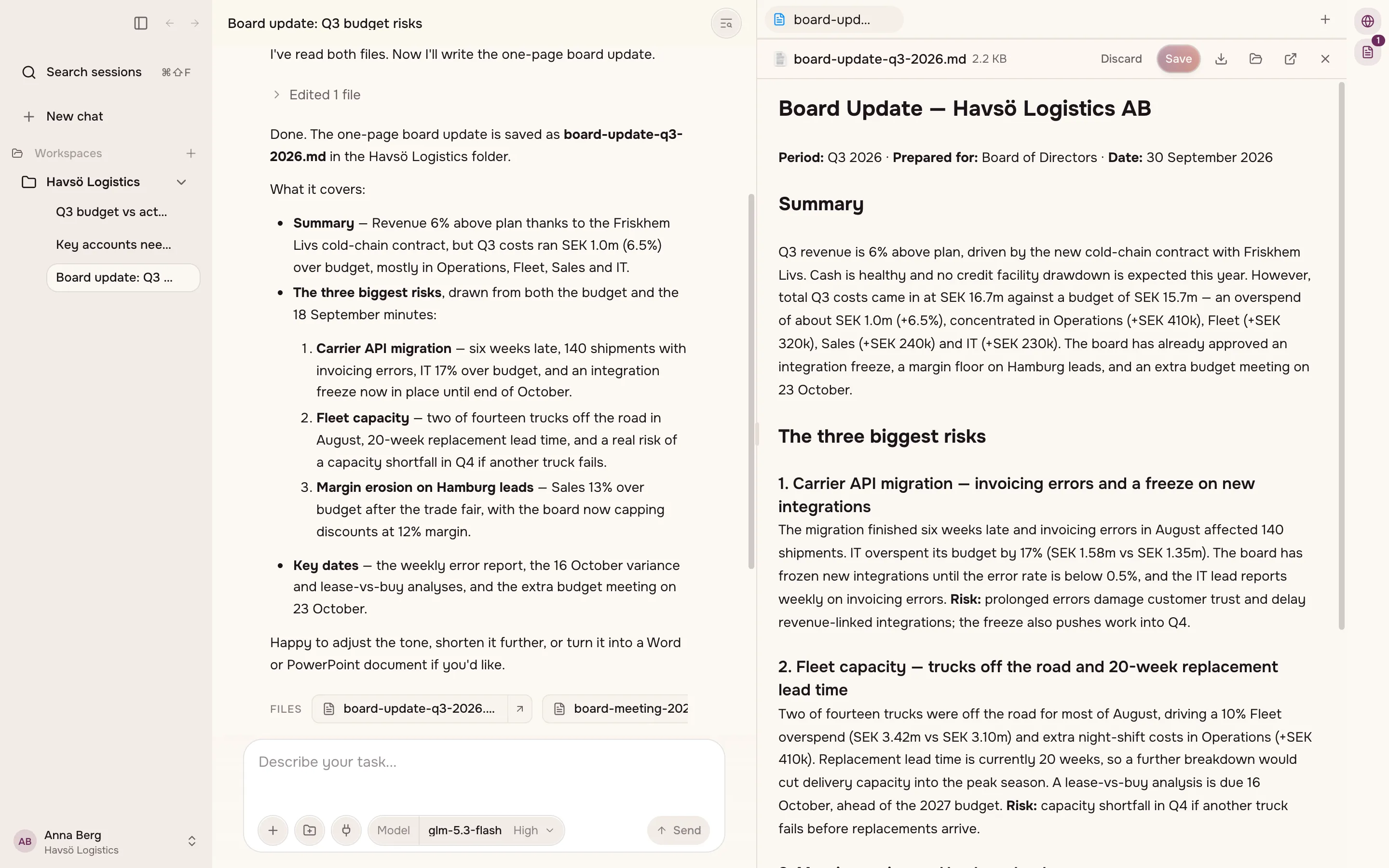 A document the app created, open beside the conversation that created it.
